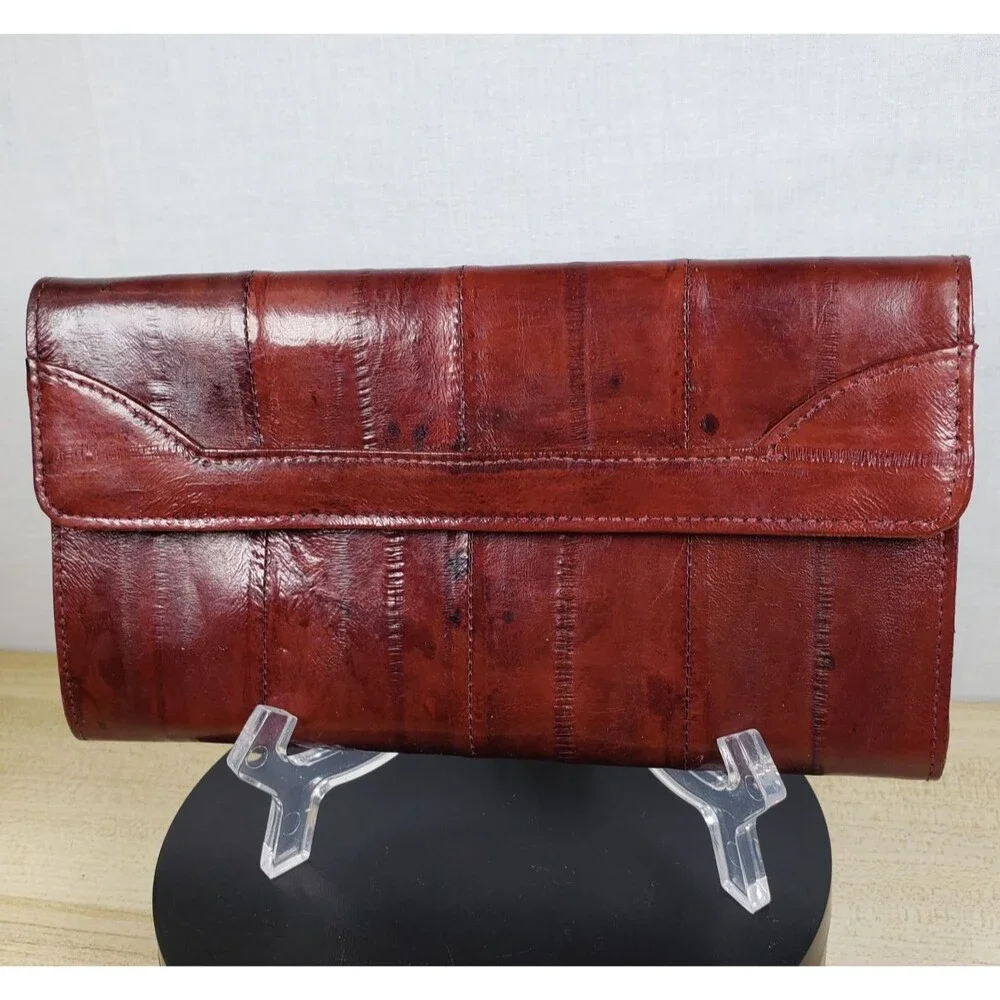 Vintage Eel Skin Burgundy  Wallet Check Book Cover Snap 7